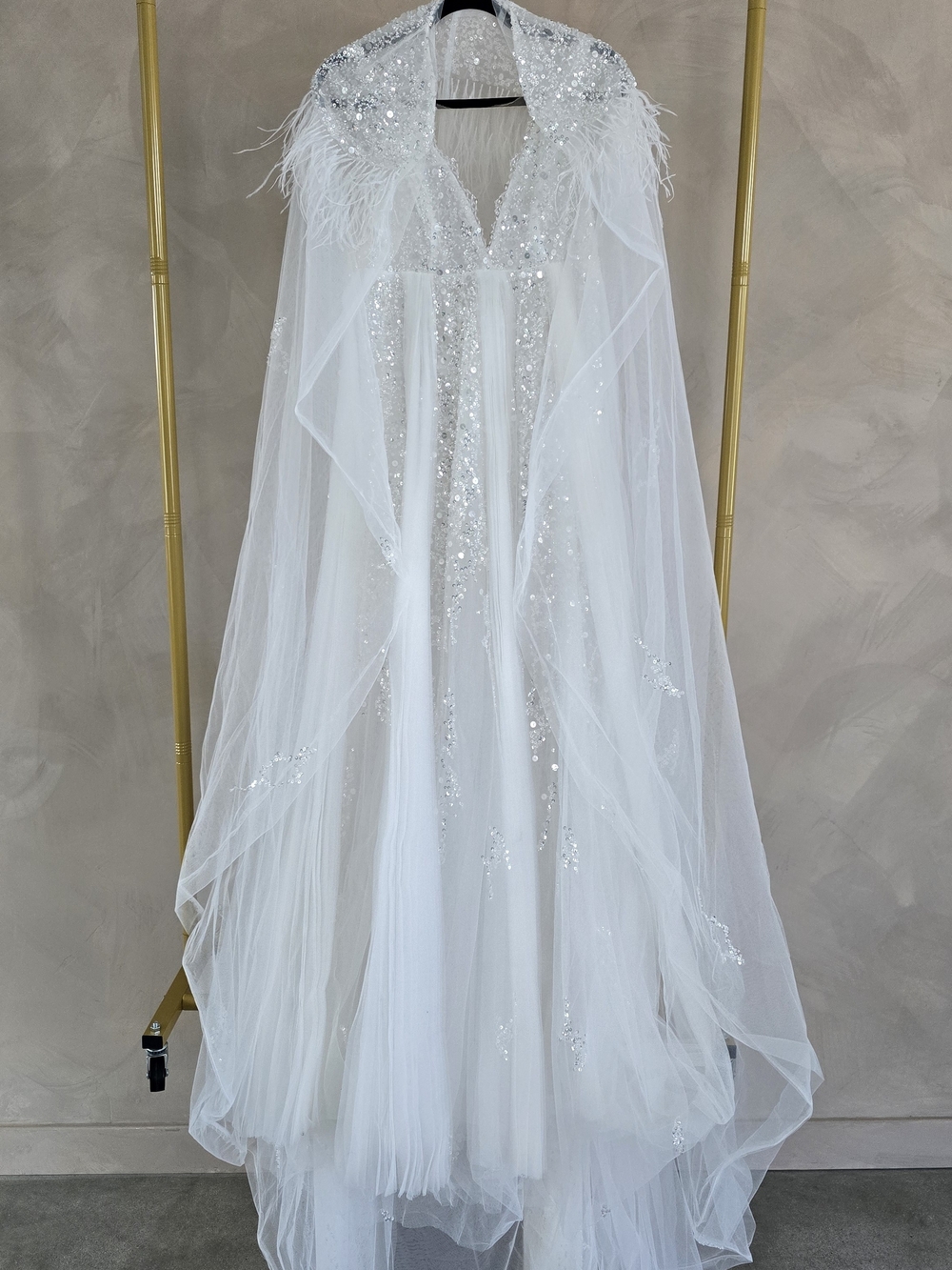 Elegant White Sequin & Feather Wedding Gown